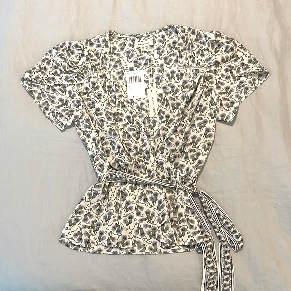 Max Studio NEW off white blue green floral wrap tulip sleeve blouse size XS